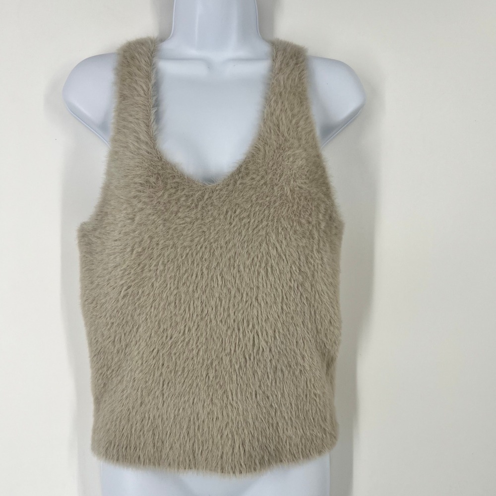 Kerisma‎ Womens S Tan Fuzzy Eyelash Knit V-Neck Sleeveless Sweater Tank Top